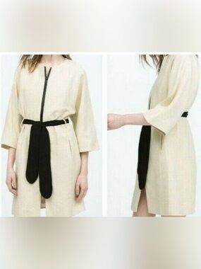 ZARA Ecru Kimono Sleeve Black Belted Kimono Style Coat Jacket